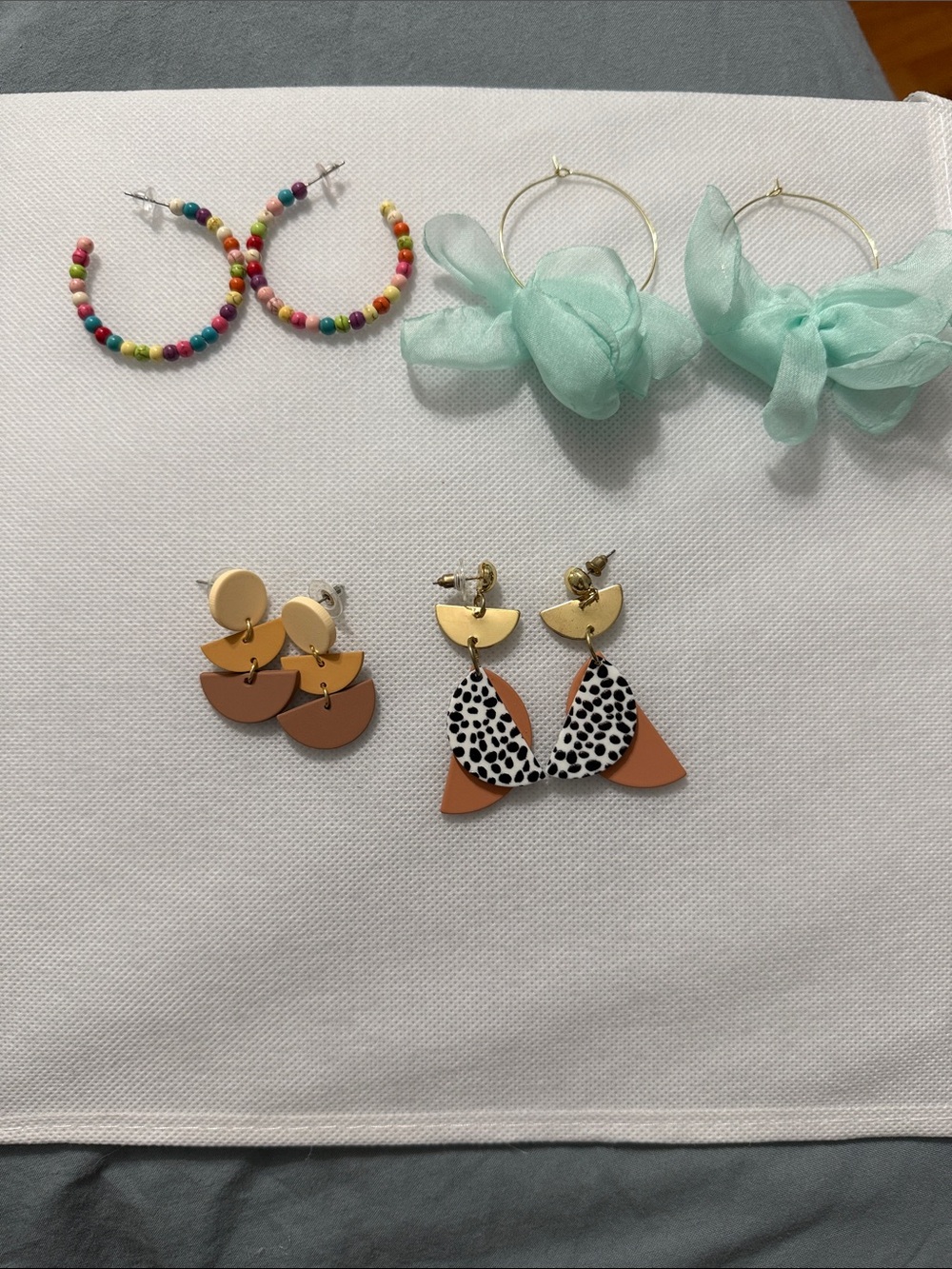 Assorted Fashion Earrings Set - Mint Bow Hoops, Beaded Hoops & Geometric Dangles